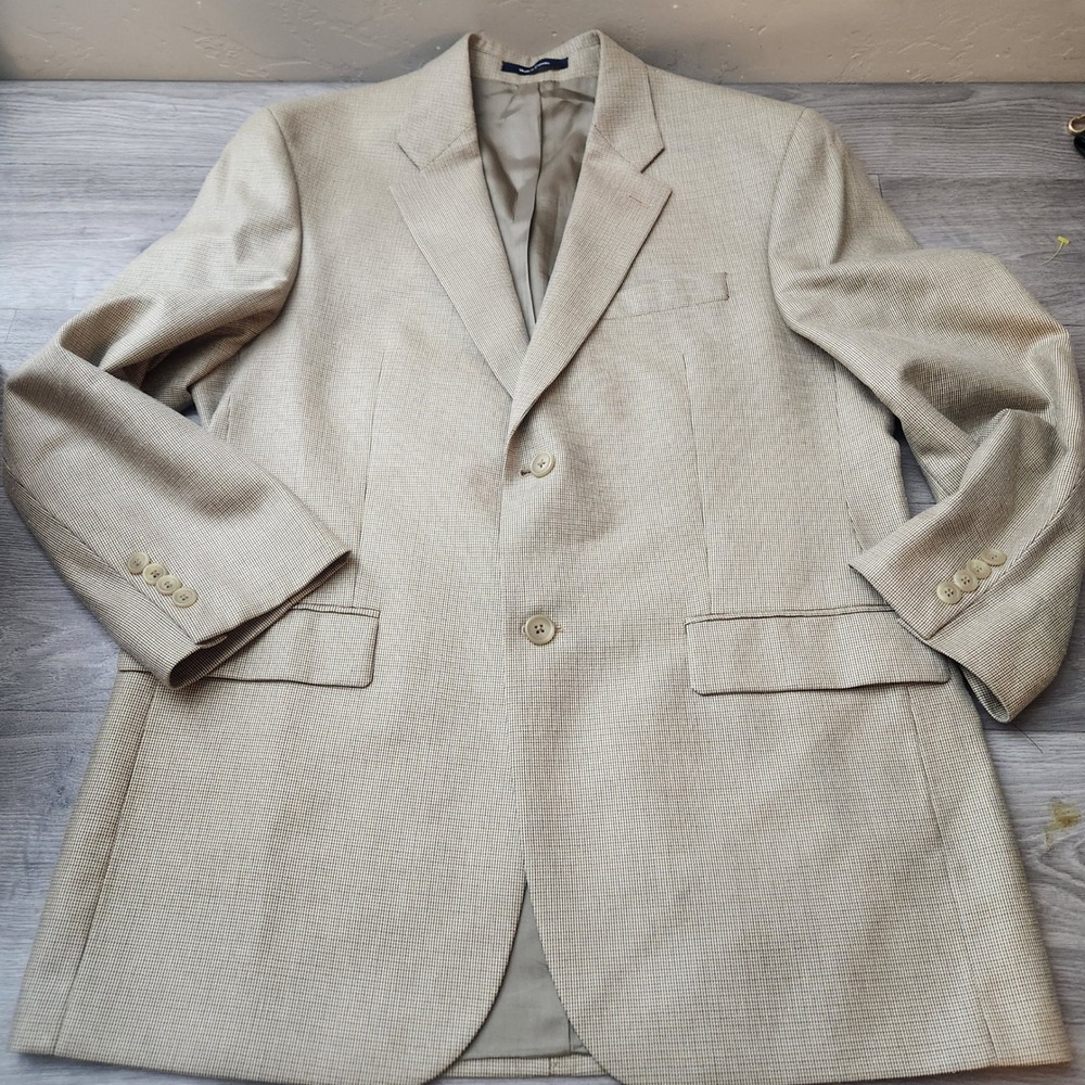 Ralph Lauren Tan Blazer Suit Jacket Size 40R Micro Check‎ Silk Wool